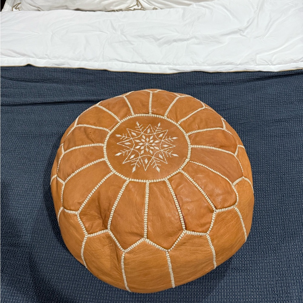Genuine leather Moroccan Tan Leather Pouf with cream Embroidered Design